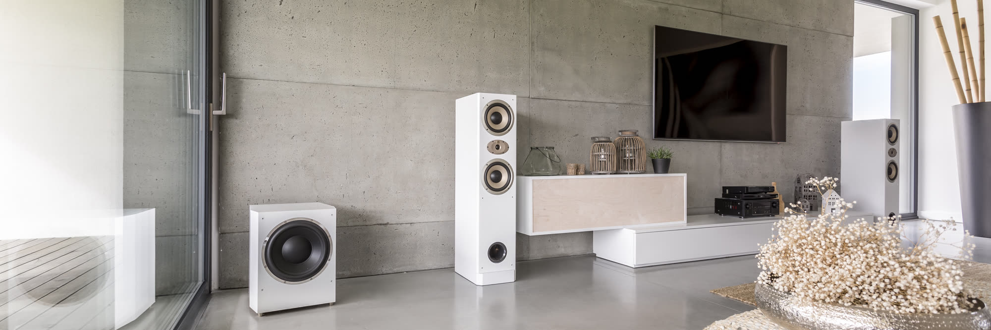 Living room with a wall TV and speakers
